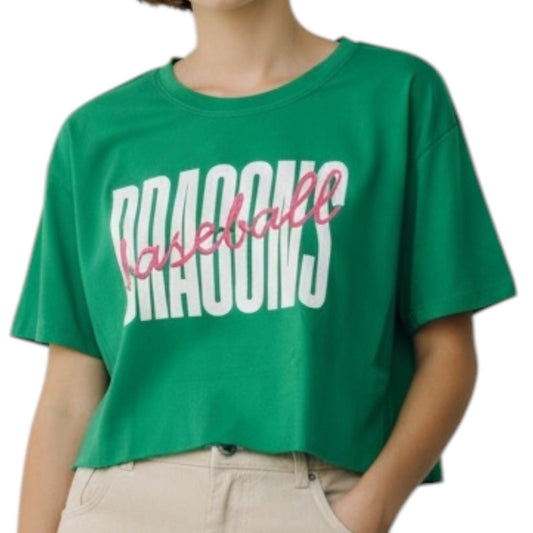 Green athletic crop white Dragons pink baseball