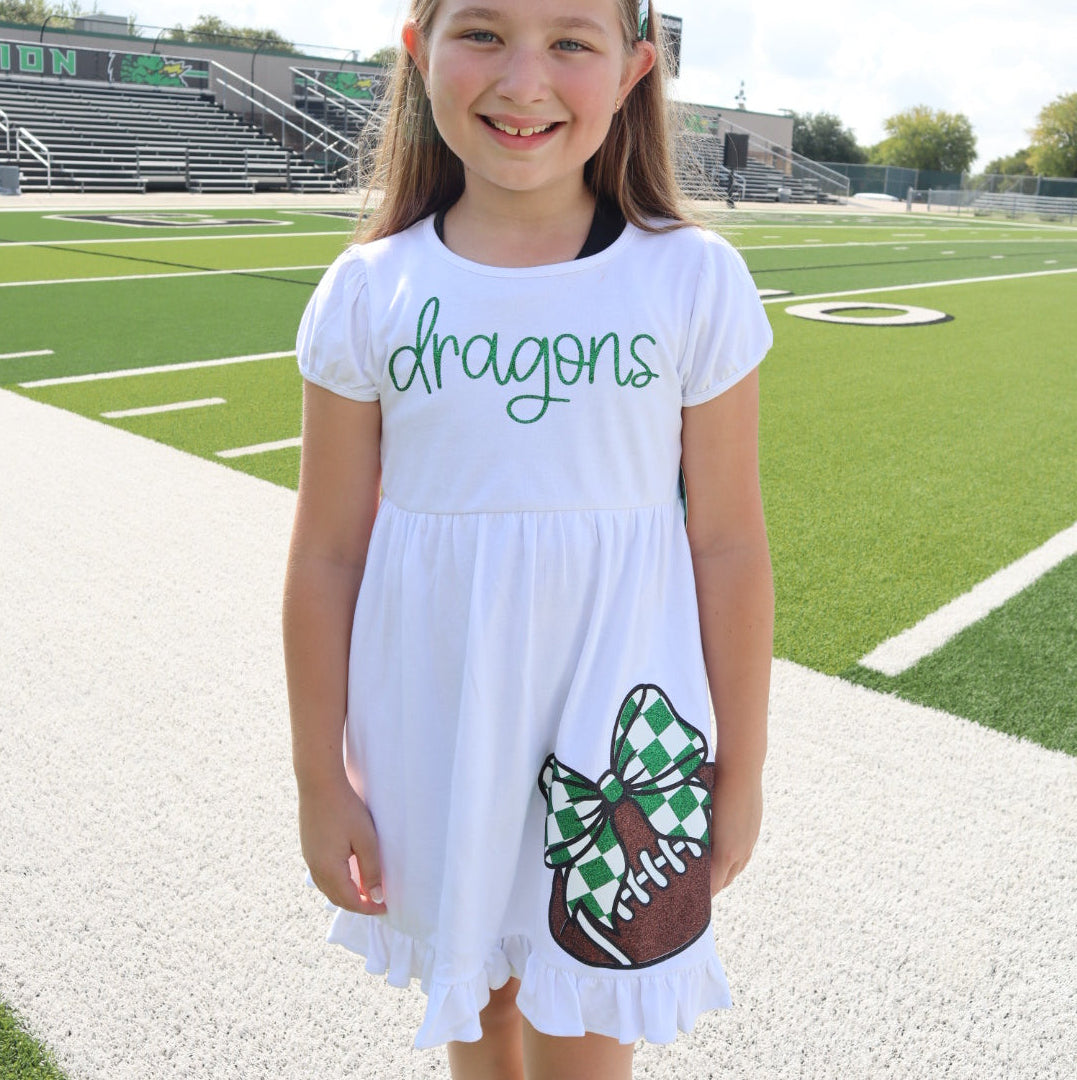 Youth White Dress with Checkered Bow and Football