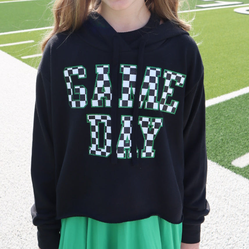 Black Crop Hoodie with Checkered Game Day