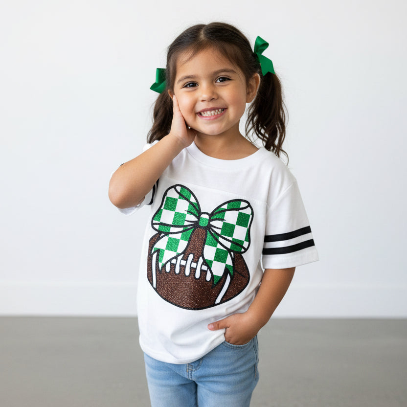 Toddler white w/ black stripes football/bow Tee