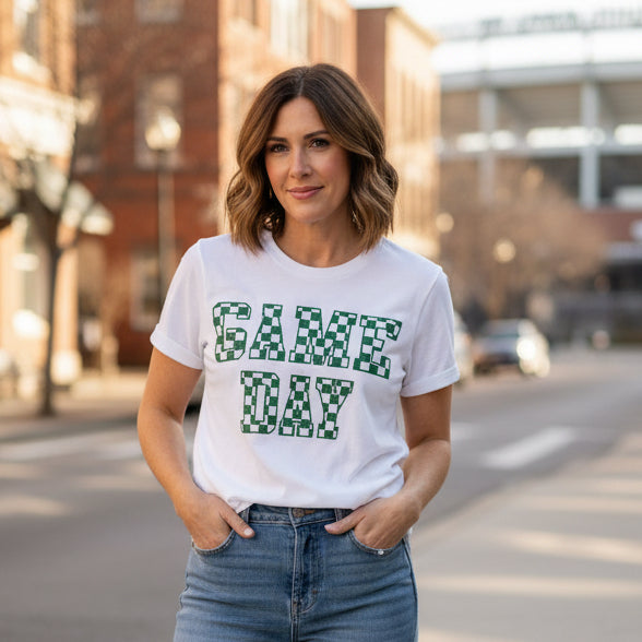 White Madewell T-Shirt Green Checkered Game Day