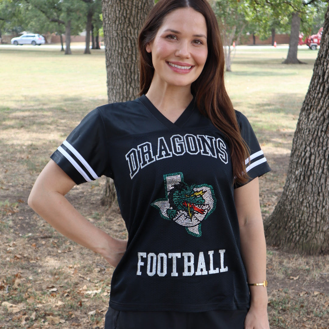 Black Jersey White Dragons Football Rhinestone Logo
