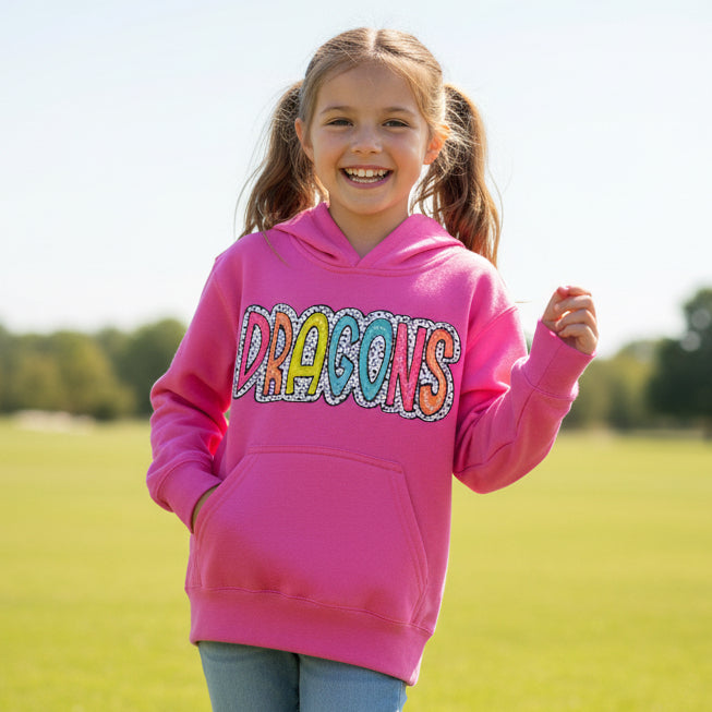 Youth Pink Hoodie w/ colorful Dragons dots