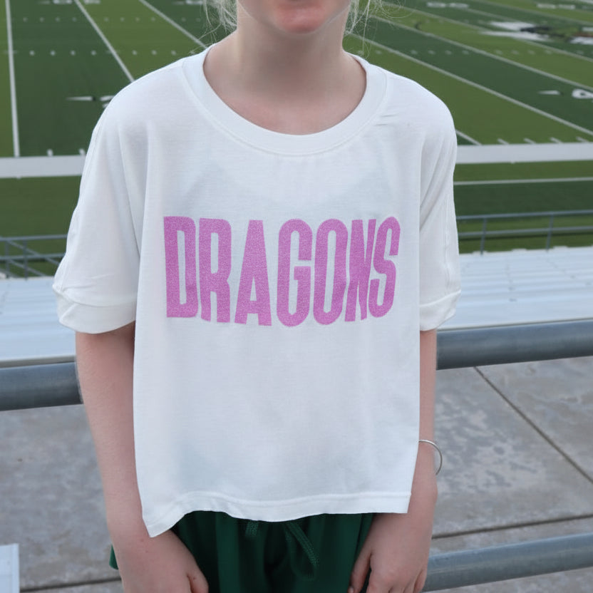 Youth White Crop with Pink Dragons