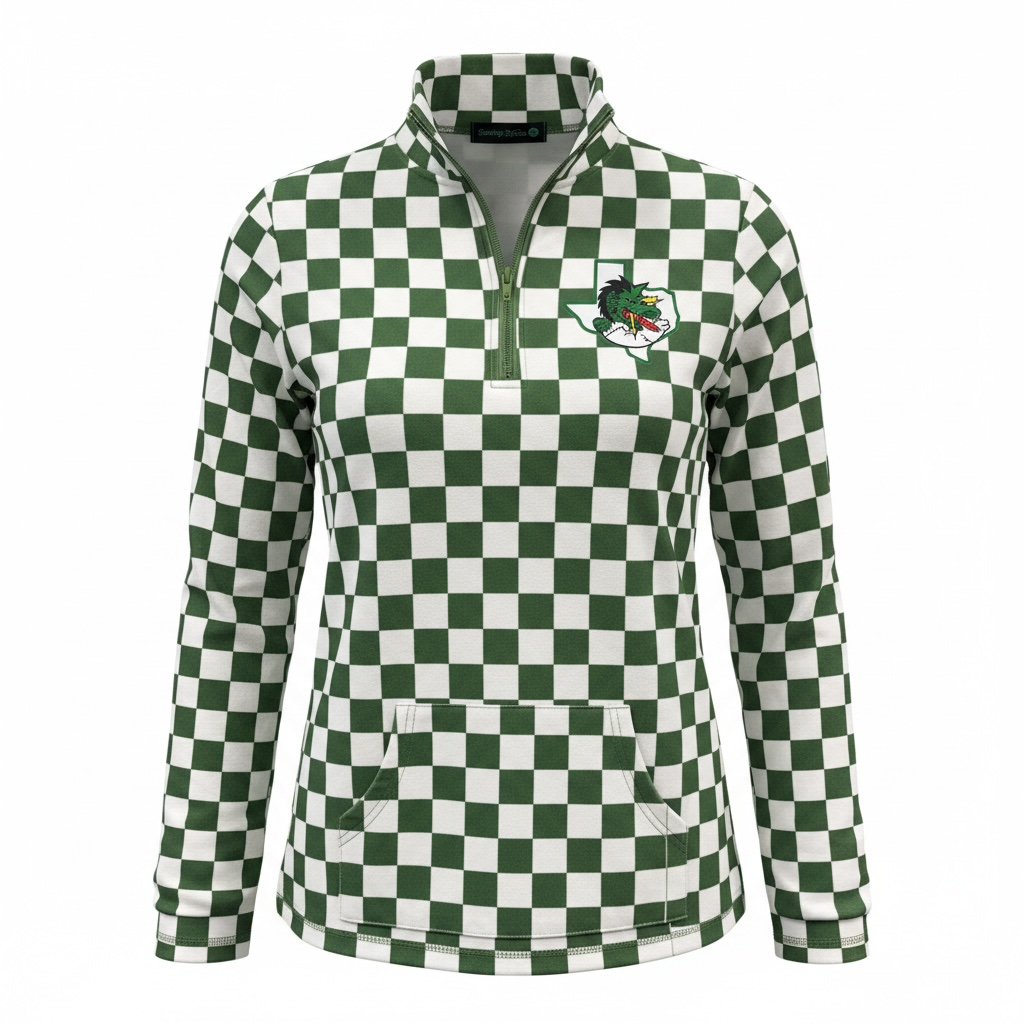 Green Checkered Qtr Zip w/ logo