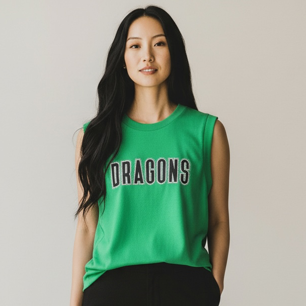 Green Sleeveless Top Rhinestone Black Dragons